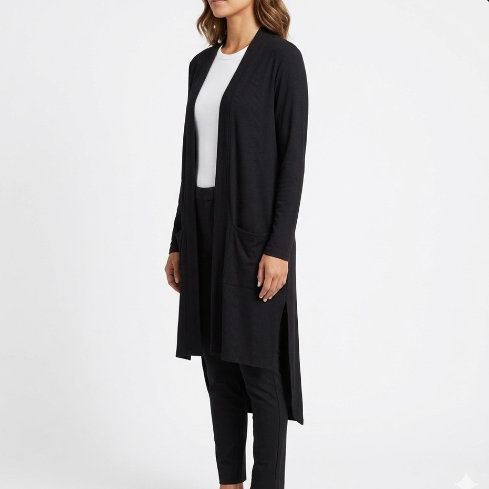 DKNY Black Long Cardigan Duster Open Front Ribbed Knit High Low NWOT M